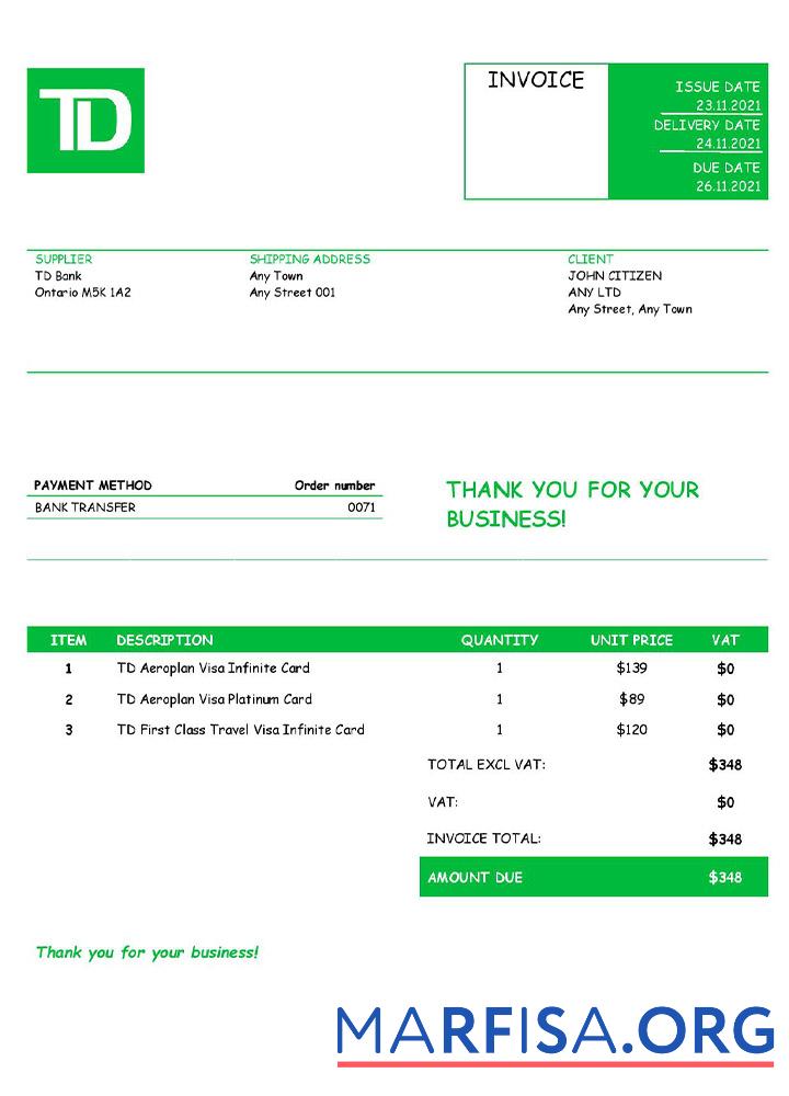 Downloadable USA TD invoice download for verification